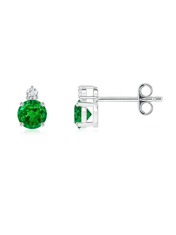Lab Grown Basket-Set Round Emerald Stud Earrings with Diamond for Women in 925 Sterling Silver (Size-4mm) | May Birthstone, Anniversary, Jewelry Gift for Women | Lab-Grown Emerald Earrings