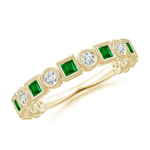ANGARA Lab-Grown Bezel-Set Square Emerald and Round Diamond Ring in 14K Yellow Gold for Women (Size-2mm) | May Birthstone Jewelry for Her | Lab Grown Emerald Ring