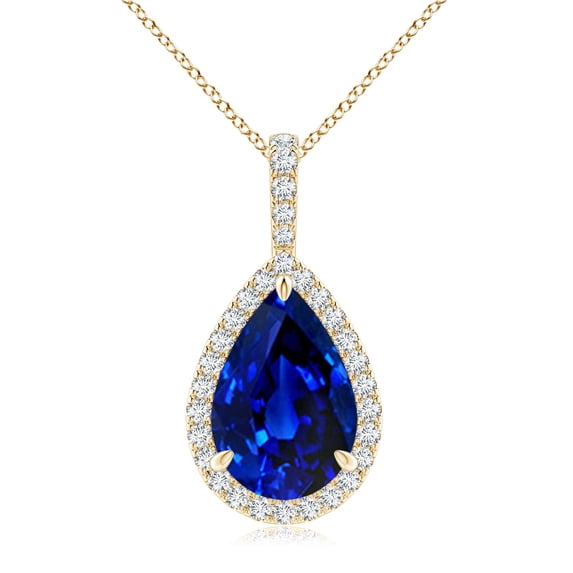ANGARA Lab Grown 5 Ct Blue Sapphire Teardrop Pendant with Lab Diamond for Women in 14K Yellow Gold (Size-12x10mm) | Anniversary, Jewelry Gift for Women | Lab-Grown Blue Sapphire Necklace