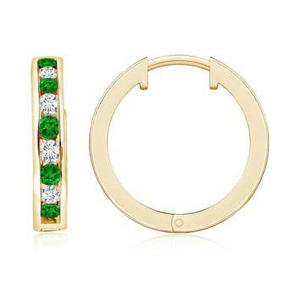 ANGARA Lab Grown Channel-Set Emerald and Diamond Hinged Hoop Earrings for Women in 14K Yellow Gold (Size-2mm) | May Birthstone, Anniversary, Jewelry Gift for Women | Lab-Grown Emerald Earrings