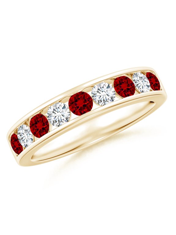 Lab Grown Channel Set Ruby and Diamond Semi Eternity Ring for Women in 14K Yellow Gold (Size-3mm) | July Birthstone, Birthday, Anniversary, Jewelry Gift for Women | Lab-Grown Ruby Ring