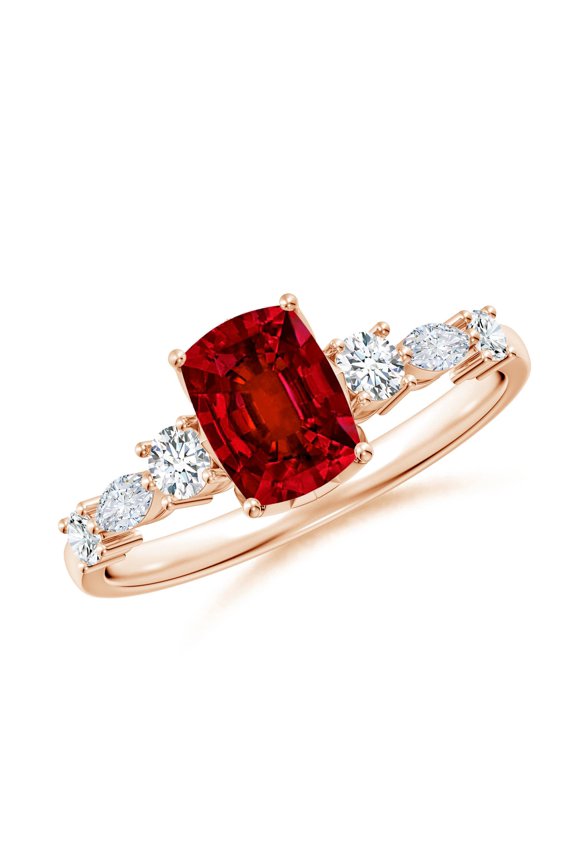 Lab Grown Classic Cushion Rectangular Ruby Side Stone Engagement Ring for Women in 14K Rose Gold (Size-7x5mm) | July Birthstone, Anniversary, Jewelry Gift for Women | Lab-Grown Ruby Ring