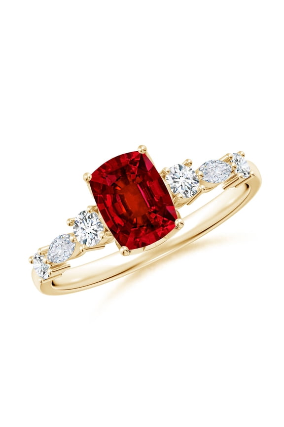 Lab Grown Classic Cushion Rectangular Ruby Side Stone Engagement Ring for Women in 14K Yellow Gold (Size-7x5mm) | July Birthstone, Anniversary, Jewelry Gift for Women | Lab-Grown Ruby Ring