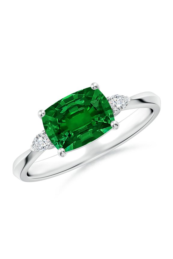 Lab Grown East-West Cushion Rectangular Emerald Engagement Ring for Women in 14K White Gold (Size-8x6mm) | May Birthstone, Anniversary, Jewelry Gift for Women | Lab-Grown Emerald Ring