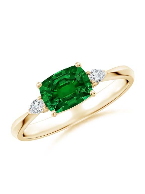 Lab Grown East-West Cushion Rectangular Emerald Engagement Ring for Women in 14K Yellow Gold (Size-7x5mm) | May Birthstone, Anniversary, Jewelry Gift for Women | Lab-Grown Emerald Ring