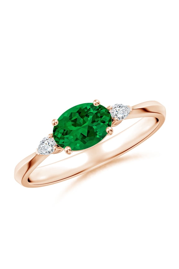 Lab Grown Classic East-West Oval Emerald Side Stone Engagement Ring for Women in 14K Rose Gold (Size-7x5mm) | May Birthstone, Anniversary, Jewelry Gift for Women | Lab-Grown Emerald Ring