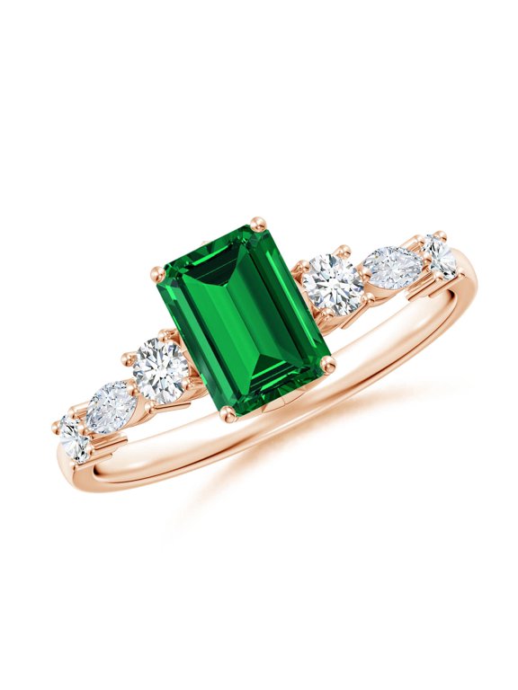Lab Grown 1 Ct Classic Emerald-Cut Emerald Side Stone Engagement Ring for Women in 14K Rose Gold (Size-7x5mm) | May Birthstone, Anniversary, Jewelry Gift for Women | Lab-Grown Emerald Ring