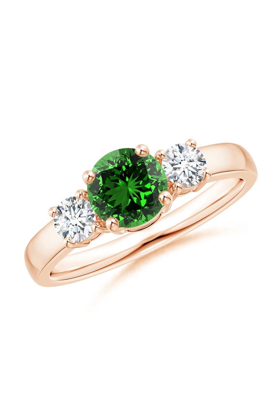 Lab Grown Classic Emerald and Lab Diamond Three Stone Engagement Ring in 14K Rose Gold for Women (Size-6mm) | May Birthstone, Anniversary, Jewelry Gift for Women | Lab Grown Emerald Ring