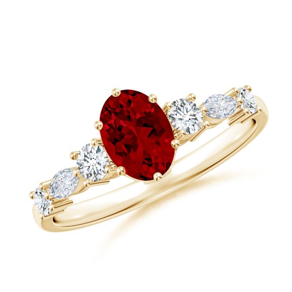 ANGARA Lab Grown 1 Ct Classic Oval Ruby Side Stone Engagement Ring for Women in 14K Yellow Gold (Size-7x5mm) | July Birthstone, Birthday, Anniversary, Jewelry Gift for Women | Lab-Grown Ruby Ring