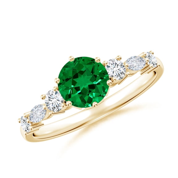 ANGARA Lab Grown Classic Round Emerald Side Stone Engagement Ring for Women in 14K Yellow Gold (Size-6mm) | May Birthstone, Birthday, Anniversary, Jewelry Gift for Women | Lab-Grown Emerald Ring