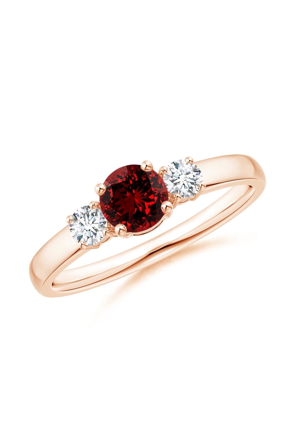 Lab Grown Classic Ruby and Lab Diamond Three Stone Engagement Ring for Women in 14K Rose Gold (Size-5mm) | July Birthstone, Birthday, Anniversary, Jewelry Gift for Women | Lab-Grown Ruby Ring
