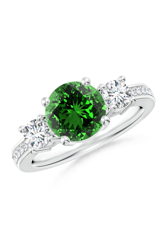 Lab Grown Classic Three Stone Emerald and Lab Diamond Ring for Women in 14K White Gold (Size-8mm) | May Birthstone Jewelry for Her | Lab-Grown Emerald Engagement Ring