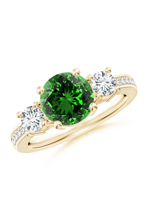 Lab Grown 1.75 Ct Classic Three Stone Emerald and Lab Diamond Ring for Women in 14K Yellow Gold (Size-8mm) | May Birthstone, Anniversary, Jewelry Gift for Women | Lab-Grown Emerald Ring