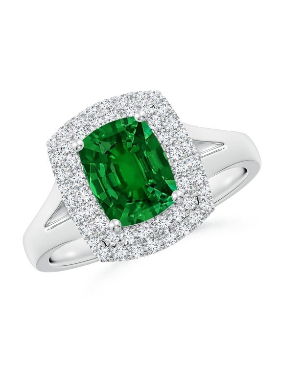 Lab Grown Cushion Rectangular Emerald Double Halo Engagement Ring for Women in 14K White Gold (Size-8x6mm) | May Birthstone, Anniversary, Jewelry Gift for Women | Lab-Grown Emerald Ring