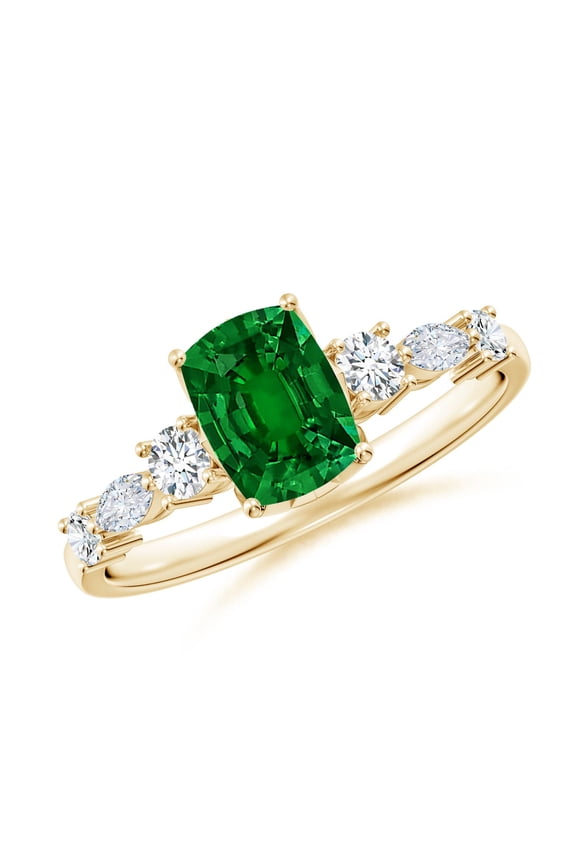 Lab Grown Cushion Rectangular Emerald Side Stone Engagement Ring for Women in 14K Yellow Gold (Size-7x5mm) | May Birthstone, Anniversary, Jewelry Gift for Women | Lab-Grown Emerald Ring