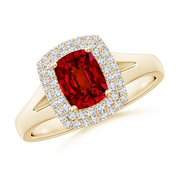 ANGARA Lab Grown Cushion Rectangular Ruby Double Halo Engagement Ring for Women in 14K Yellow Gold (Size-7x5mm) | July Birthstone, Birthday, Anniversary, Jewelry Gift for Women | Lab-Grown Ruby Ring