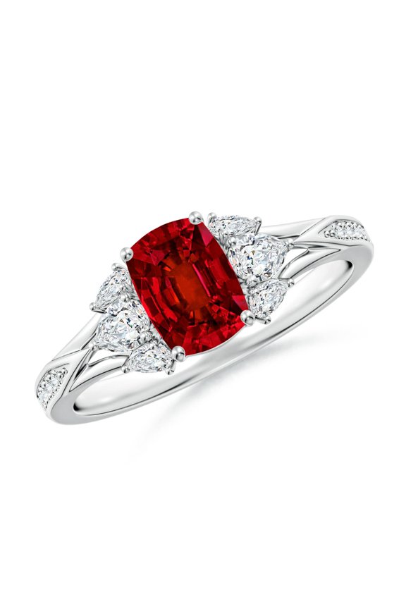 Lab Grown Cushion Rectangular Ruby Engagement Ring with Lab Pear Diamonds for Women in 14K White Gold (Size-7x5mm) | July Birthstone, Anniversary, Jewelry Gift for Women | Lab-Grown Ruby Ring