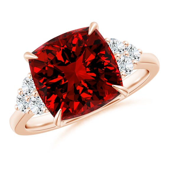 ANGARA Lab Grown 4.6 Ct Cushion Ruby Engagement Ring with Trio Diamonds for Women in 14K Rose Gold (Size-10mm) | July Birthstone, Birthday, Anniversary, Jewelry Gift for Women | Lab-Grown Ruby Ring