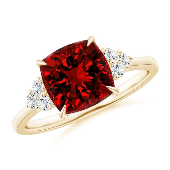 ANGARA Lab Grown 2.6 Ct Cushion Ruby Engagement Ring with Trio Diamonds in 14K Yellow Gold for Women (Size-8mm) | July Birthstone, Birthday, Anniversary, Jewelry Gift for Women | Lab Grown Ruby Ring