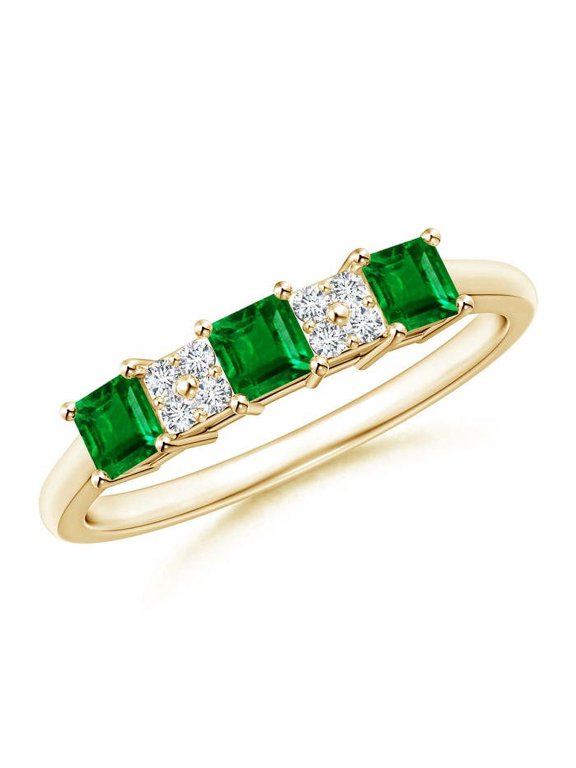 Lab Grown Diamond Cluster and Three Stone Square Emerald Ring for Women in 14K Yellow Gold (Size-3mm) | May Birthstone Jewelry for Her | Lab-Grown Emerald Engagement Ring