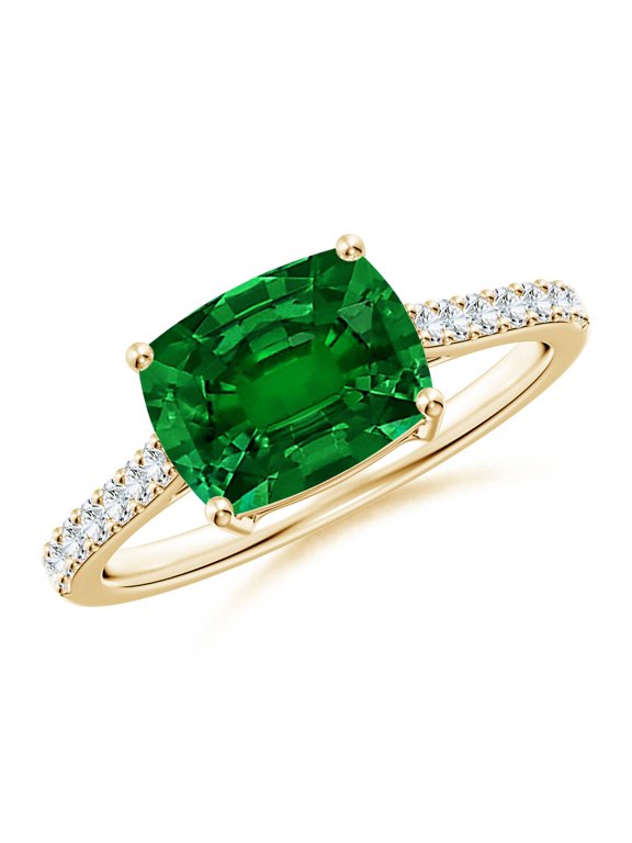 Lab Grown East-West Cushion Rectangular Emerald Engagement Ring for Women in 14K Yellow Gold (Size-9x7mm) | May Birthstone, Anniversary, Jewelry Gift for Women | Lab-Grown Emerald Ring