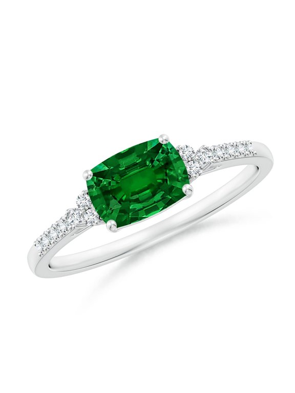 Lab Grown East-West Cushion Rectangular Emerald Engagement Ring for Women in 14K White Gold (Size-7x5mm) | May Birthstone, Anniversary, Jewelry Gift for Women | Lab-Grown Emerald Ring