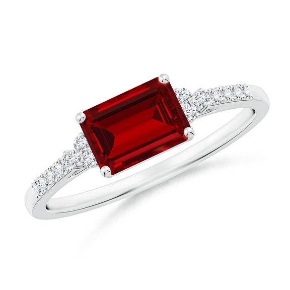 ANGARA Lab Grown 1 Ct Emerald-Cut Ruby Side Stone Engagement Ring for Women in 14K White Gold (Size-7x5mm) | July Birthstone, Birthday, Anniversary, Jewelry Gift for Women | Lab-Grown Ruby Ring