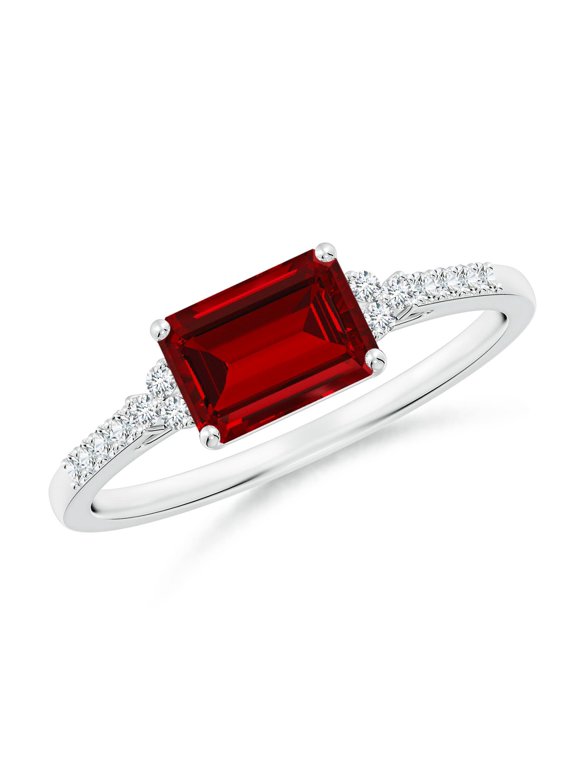 Lab Grown 1 Ct Emerald-Cut Ruby Side Stone Engagement Ring for Women in 14K White Gold (Size-7x5mm) | July Birthstone, Birthday, Anniversary, Jewelry Gift for Women | Lab-Grown Ruby Ring