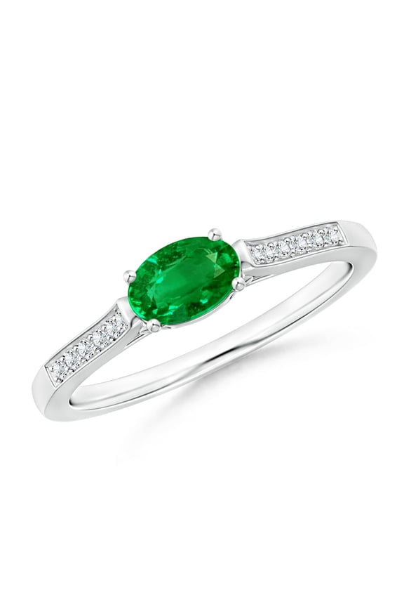 Lab Grown East West Oval Emerald Solitaire Ring with Diamonds for Women in 14K White Gold (Size-6x4mm) | May Birthstone, Birthday, Anniversary, Jewelry Gift for Women | Lab-Grown Emerald Ring