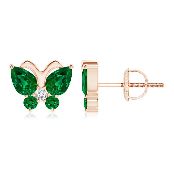 ANGARA Lab Grown 1.4 Ct Emerald Butterfly Stud Earrings with Lab Diamond for Women in 14K Rose Gold (Size-6x4mm) | May Birthstone, Anniversary, Jewelry Gift for Women | Lab-Grown Emerald Earrings