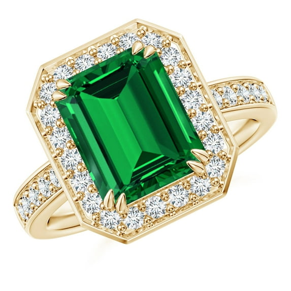 ANGARA Lab Grown Emerald-Cut Emerald Engagement Ring with Lab Diamond Halo for Women in 14K Yellow Gold (Size-10x8mm) | May Birthstone Jewelry for Her | Lab-Grown Emerald Engagement Ring