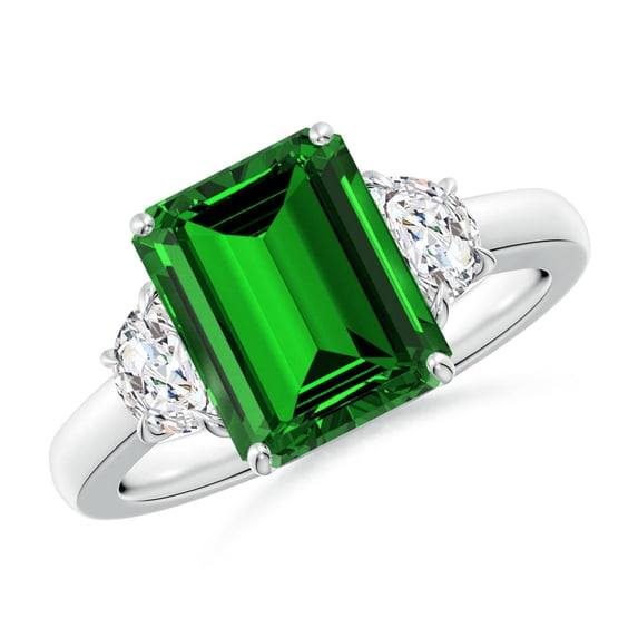 ANGARA Lab Grown 2.85 Ct Emerald & Half Moon Lab Diamond Three Stone Ring for Women in 925 Sterling Silver (Size-10x8mm) | May Birthstone, Anniversary, Jewelry Gift for Women | Lab-Grown Emerald Ring