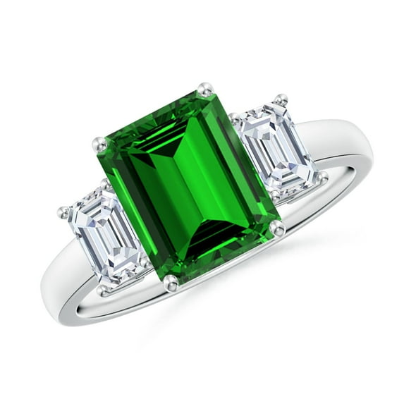 ANGARA Lab Grown 2.25 Ct Emerald-Cut Emerald and Lab Diamond Three Stone Ring for Women in 14K White Gold (Size-9x7mm) | May Birthstone, Anniversary, Jewelry Gift for Women | Lab-Grown Emerald Ring