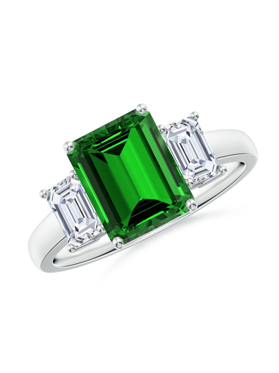 Lab Grown 2.25 Ct Emerald and Lab Diamond Three Stone Ring for Women in 925 Sterling Silver (Size-9x7mm) | May Birthstone, Anniversary, Jewelry Gift for Women | Lab-Grown Emerald Ring
