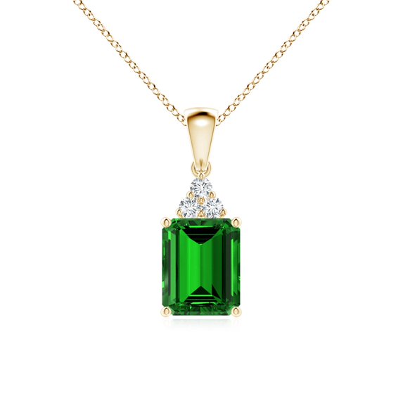 ANGARA Lab Grown 2.25 Ct Emerald-Cut Emerald Pendant with Lab Diamond Trio for Women in 14K Yellow Gold (Size-9x7mm) | May Birthstone, Anniversary, Jewelry Gift for Women | Lab-Grown Emerald Necklace