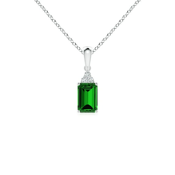 ANGARA Lab Grown Emerald-Cut Emerald Pendant with Lab Diamond Trio for Women in 925 Sterling Silver (Size-6x4mm) | May Birthstone, Anniversary, Jewelry Gift for Women | Lab-Grown Emerald Necklace