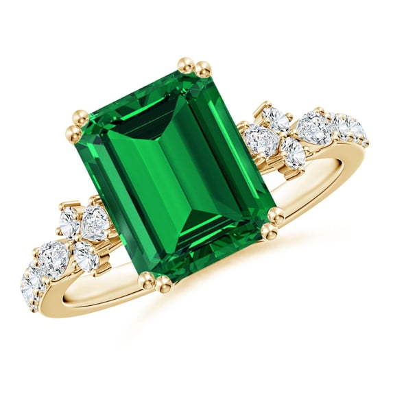 ANGARA Lab Grown 2.85 Ct Emerald-Cut Emerald Side Stone Engagement Ring for Women in 14K Yellow Gold (Size-10x8mm) | May Birthstone, Anniversary, Jewelry Gift for Women | Lab-Grown Emerald Ring