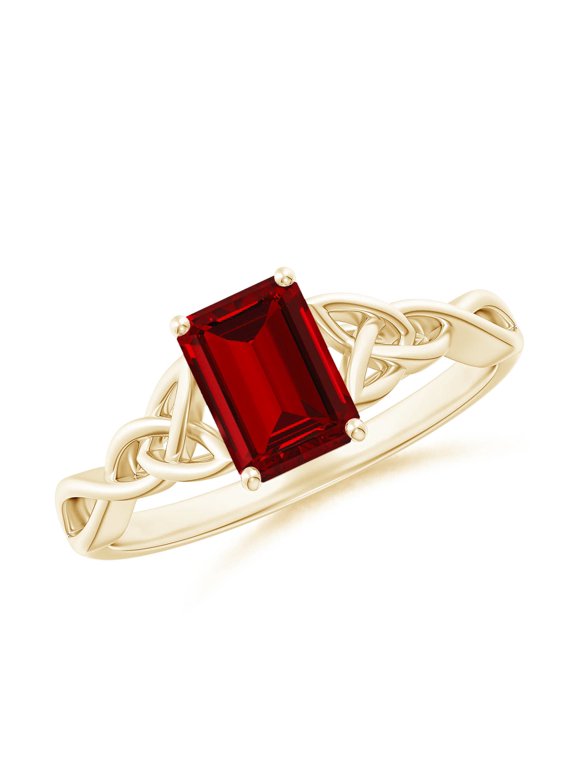 Lab Grown Emerald-Cut Ruby Celtic Knot Engagement Ring for Women in 14K Yellow Gold (Size-7x5mm) | July Birthstone Jewelry for Her | Lab-Grown Ruby Engagement Rings