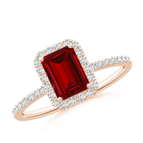 ANGARA Lab Grown 1 Ct Emerald-Cut Ruby Classic Halo Engagement Ring for Women in 14K Rose Gold (Size-7x5mm) | July Birthstone, Birthday, Anniversary, Jewelry Gift for Women | Lab-Grown Ruby Ring