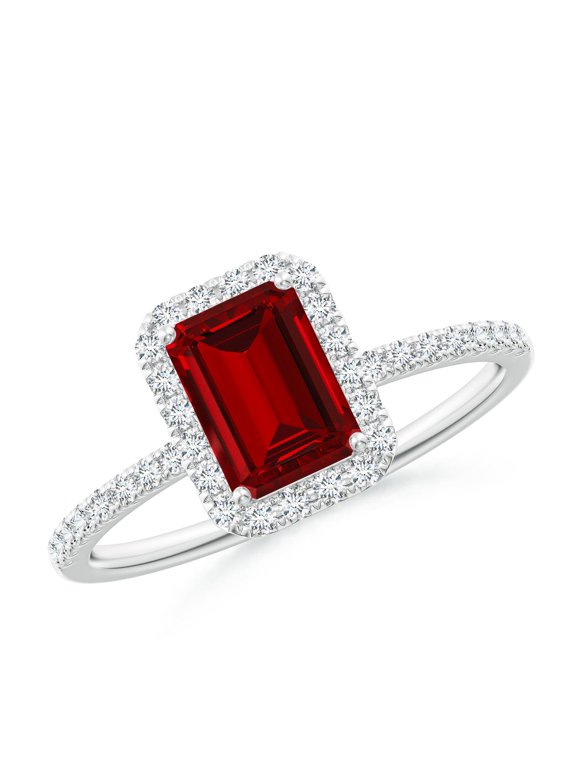 Lab Grown 1 Ct Emerald-Cut Ruby Classic Halo Engagement Ring for Women in 14K White Gold (Size-7x5mm) | July Birthstone, Birthday, Anniversary, Jewelry Gift for Women | Lab-Grown Ruby Ring