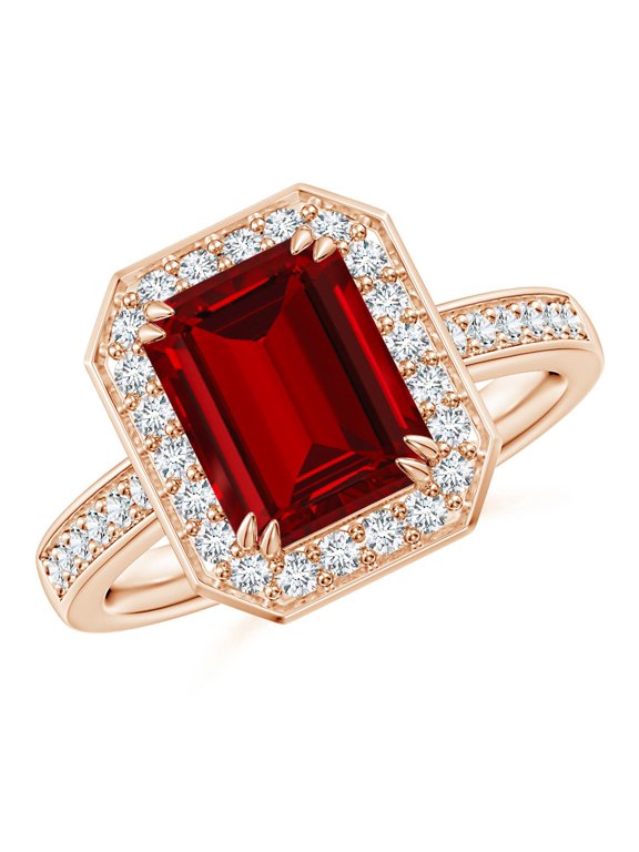 Lab Grown 3 Ct Emerald-Cut Ruby Engagement Ring with Lab Diamond Halo for Women in 14K Rose Gold (Size-9x7mm) | July Birthstone, Anniversary, Jewelry Gift for Women | Lab-Grown Ruby Ring