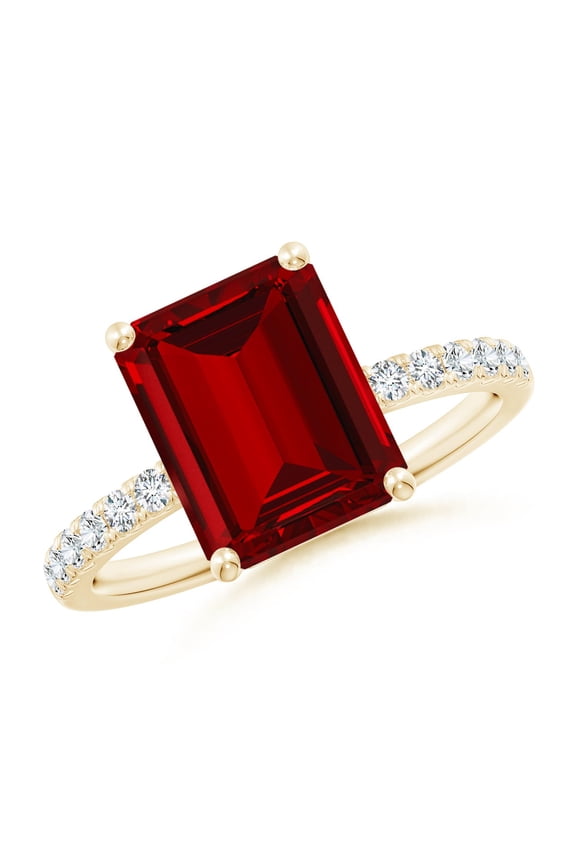 Lab Grown 4 Ct Emerald-Cut Ruby Engagement Ring with Lab Diamonds in 14K Yellow Gold for Women (Size-10x8mm) | July Birthstone, Anniversary, Jewelry Gift for Women | Lab Grown Ruby Ring