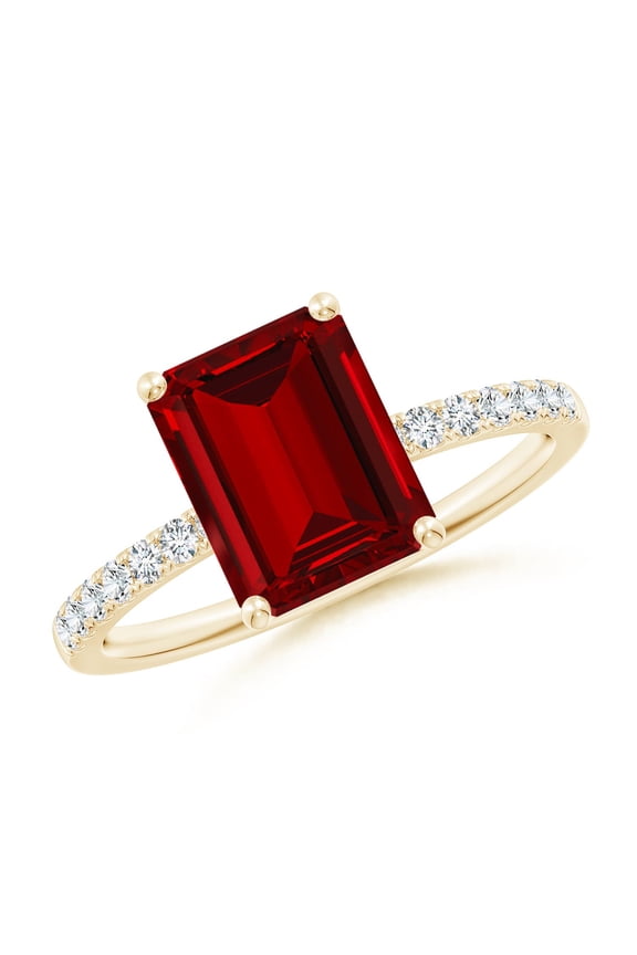 Lab Grown Emerald-Cut Ruby Engagement Ring with Lab Diamonds for Women in 14K Yellow Gold (Size-9x7mm) | July Birthstone Jewelry for Her | Lab-Grown Ruby Engagement Rings