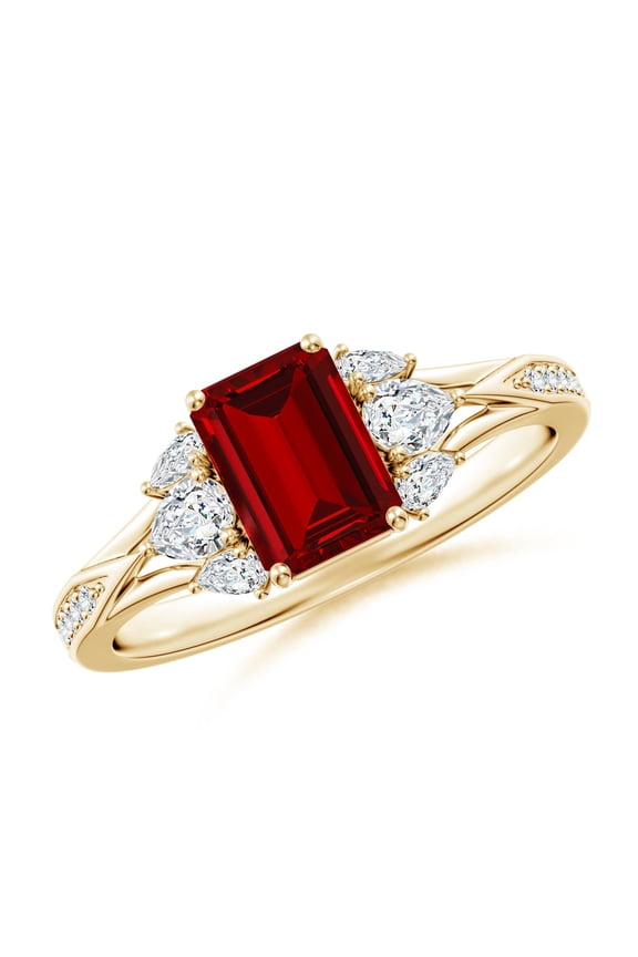 Lab Grown 1 Ct Emerald-Cut Ruby Engagement Ring with Lab Pear Diamonds for Women in 14K Yellow Gold (Size-7x5mm) | July Birthstone, Anniversary, Jewelry Gift for Women | Lab-Grown Ruby Ring