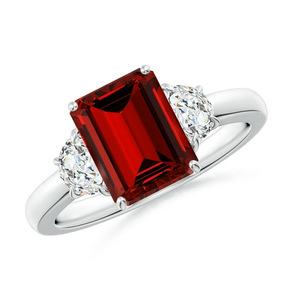 ANGARA Lab Grown 3 Ct Emerald-Cut Ruby and Half Moon Diamond Three Stone Ring for Women in 14K White Gold (Size-9x7mm) | July Birthstone, Anniversary, Jewelry Gift for Women | Lab-Grown Ruby Ring