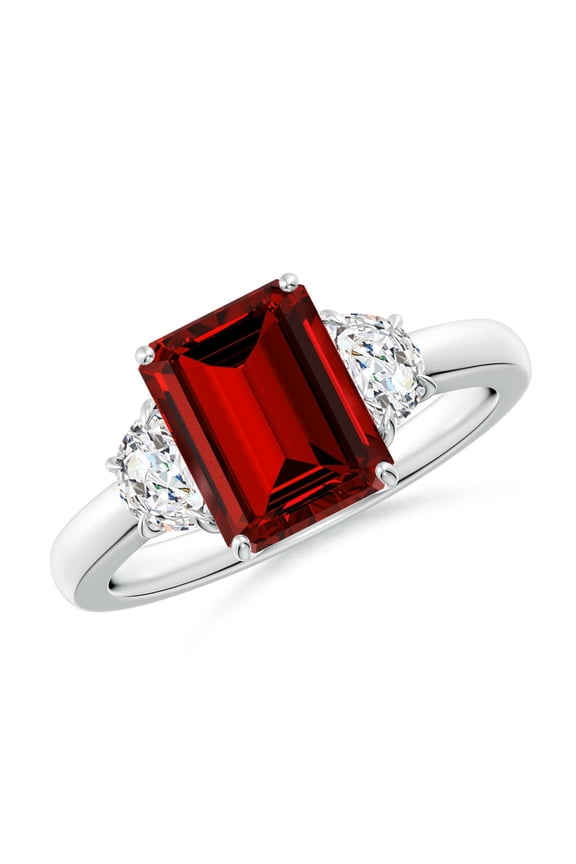 Lab Grown 3 Ct Ruby and Half Moon Diamond Three Stone Ring for Women in 925 Sterling Silver (Size-9x7mm) | July Birthstone, Anniversary, Jewelry Gift for Women | Lab-Grown Ruby Ring