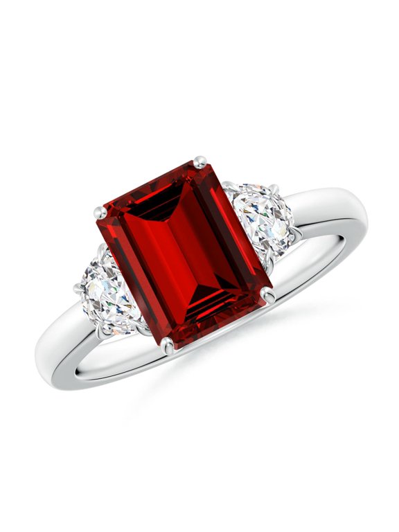 Lab Grown 3 Ct Ruby and Half Moon Diamond Three Stone Ring for Women in 925 Sterling Silver (Size-9x7mm) | July Birthstone, Anniversary, Jewelry Gift for Women | Lab-Grown Ruby Ring