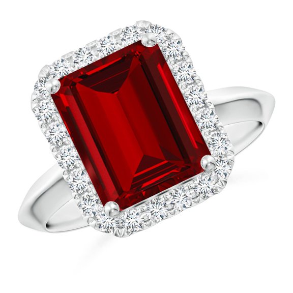 ANGARA Lab Grown 4 Ct Emerald-Cut Ruby Halo Engagement Ring for Women in 14K White Gold (Size-10x8mm) | July Birthstone, Birthday, Anniversary, Jewelry Gift for Women | Lab-Grown Ruby Ring
