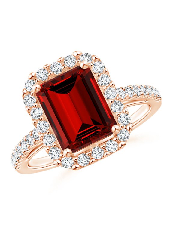 Lab Grown 3 Ct Emerald-Cut Ruby Halo Ring for Women in 14K Rose Gold (Size-9x7mm) | July Birthstone, Birthday, Anniversary, Jewelry Gift for Women | Lab-Grown Ruby Ring