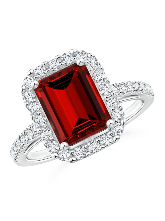 Lab Grown 3 Ct Emerald-Cut Ruby Halo Ring for Women in 14K White Gold (Size-9x7mm) | July Birthstone, Birthday, Anniversary, Jewelry Gift for Women | Lab-Grown Ruby Ring